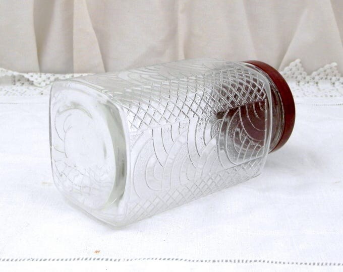 Square Vintage Art Deco Design Pattern Glass Jar with Bakelite Lid from France, French, Retro, Kitchen, 1930, Transparent, Glassware, Home