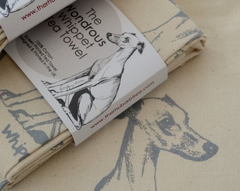 Whippet Tea Towel, Wondrous Whippet Screen-printed Tea Towel. Whippet gifts for the home and kitchen
