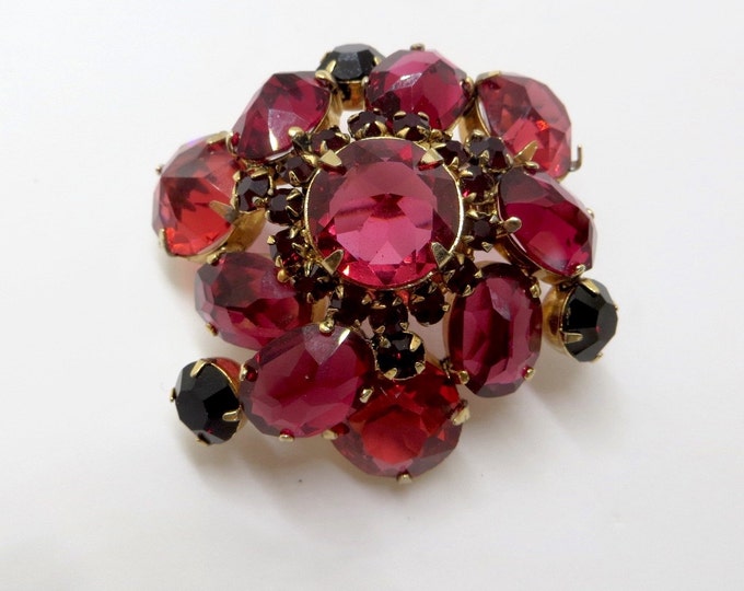 Rhinestone Brooch, Ruby Red Domed Pin, Vintage Jewelry