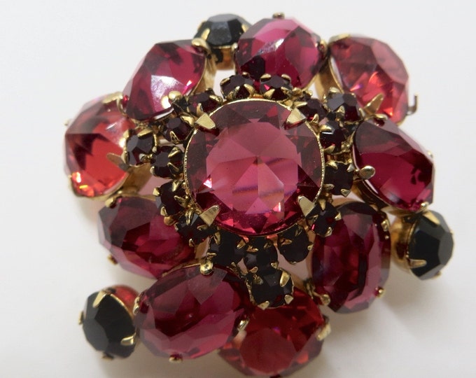 Rhinestone Brooch, Ruby Red Domed Pin, Vintage Jewelry