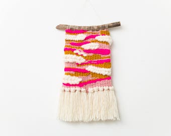 Woven Wall Hanging in Pink, Mustard Yellow and White - Texture Wall Art - Pink Woven Tapestry
