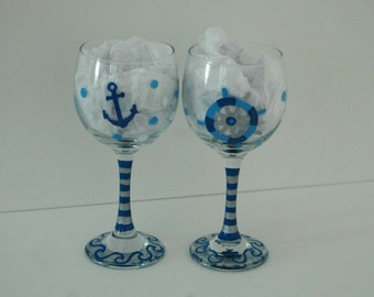 Nautical Wine Glasses, His & Her Glasses Nauti Girl Bad Buoy, Beach Glasses, Hand Painted Wine Glasses, Anchor Glasses