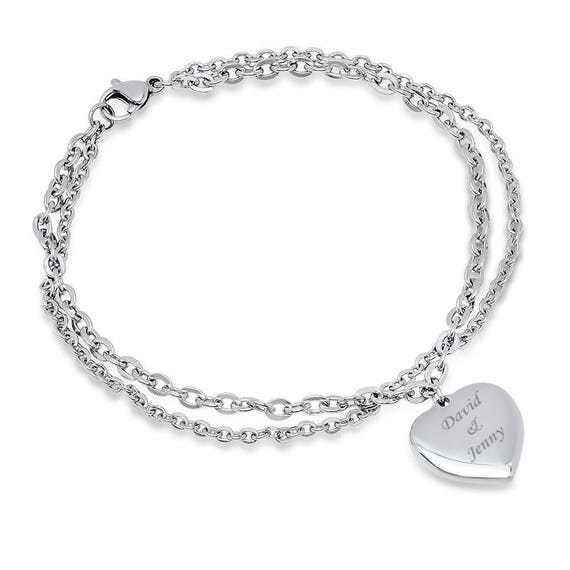 Personalized Dual Chain Stainless Steel Heart Charm Bracelet