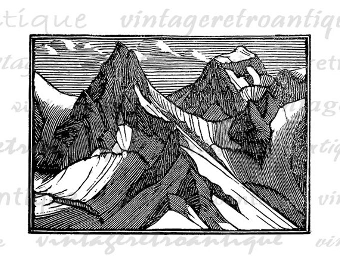 Digital Mountain Graphic Image Antique Illustration Printable Download Vintage Clip Art Jpg Png Eps HQ 300dpi No.3690