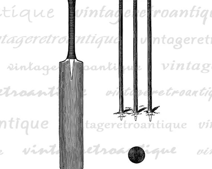 Printable Cricket Bat and Ball Digital Image Download Graphic Illustration Antique Clip Art Jpg Png Eps HQ 300dpi No.4118