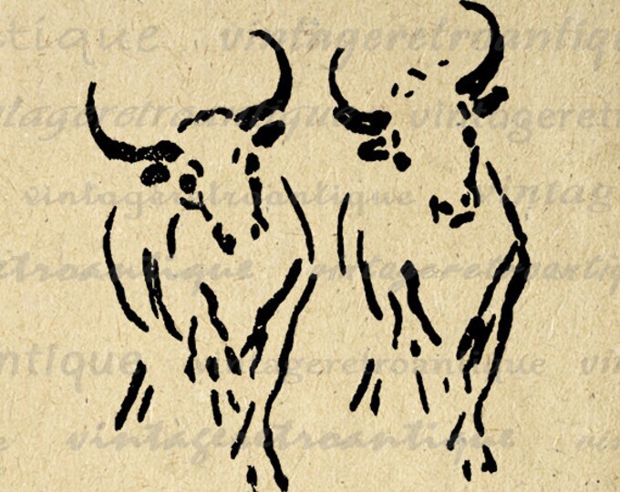 Printable Digital Oxen Image Illustration Download Ox Graphic Vintage Clip Art Jpg Png Eps HQ 300dpi No.1609