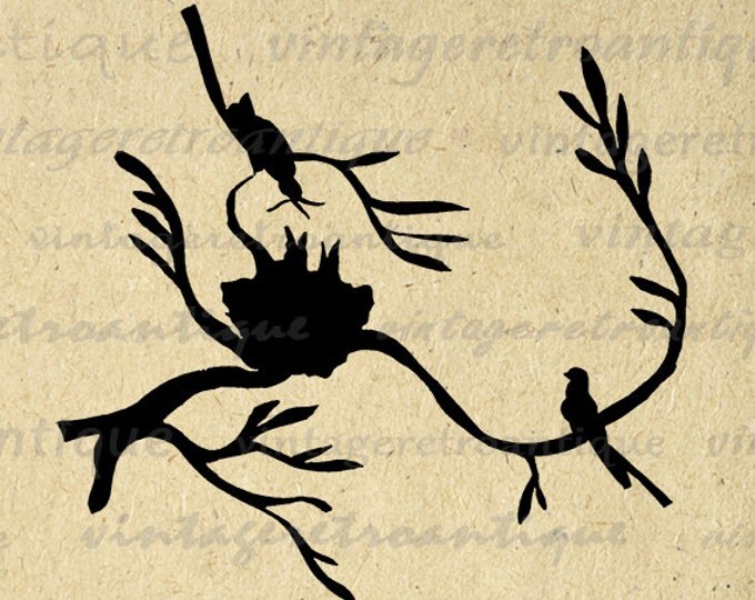 Printable Birds with Bird Nest Silhouette Digital Download Birdnest Image Graphic Antique Clip Art Jpg Png Eps HQ 300dpi No.3344