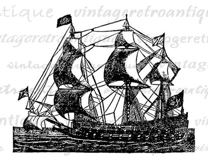 Printable Image Ship Download Antique Boat Illustration Graphic Digital Vintage Clip Art Jpg Png Eps HQ 300dpi No.2186