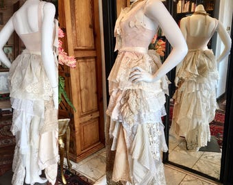 Cream Tattered BOHO rag alternative wedding dress cotton Gypsy Corset sleeveless shabby chic vintage lace peasant lagenlook FAIRY fantasy S