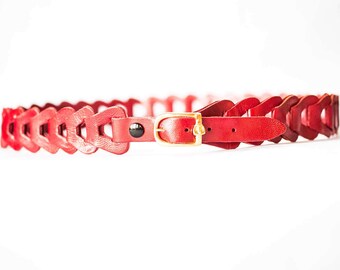 Vintage Red Leather Belt | Bright Red Ladies Belt with Gold Buckle | Red and Gold Leather Belt | 1960s Leather Belt | 60s Accessory