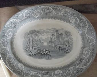 Brownfield Victorian Transferware Platter , Grey & White Transferware Platter , Ironstone Platter , Brownfield Ironstone