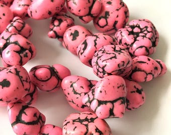 Hot Pink Howlite Freeform Nuggets Pink Stone Beads with Patina - Pink Black beads - 13mm x22mm - Extra long strand