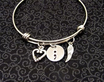 Adjustable Bangle Bracelet, Semicolon, Mental Illness Awareness, Heart, Angel Wing, My Story Isn't Over Yet