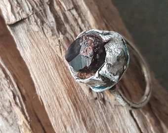 Crystal Garnet Ring /Sterling Silver /Rustic / Handmade /Primitive
