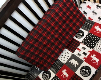 Lumberjack Quilt & Fitted Sheet, Baby Toddler Bed Set, Grey Red Black Bedding, Boy Bedding, Woodland Bed Set, Bear Moose Lumberjack Nursery