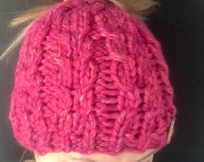 Fushcia Pink Cable Knit Messy Bun Hat, Magenta Speckled Purple, Blue, Yellow Chunky Bun Beanie, Ponytail Hat, Ponytail Beanie