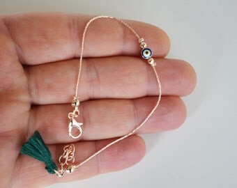 Bronze Color Evil Eye Bracelet With Green Tassel -Protection Charm - Turkish Evil Eye - Protection Bracelet - Evil Eye Jewelry - Lucky