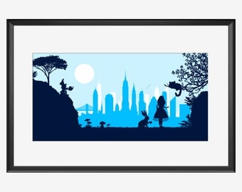 New York Skyline, New York, New York art, New York poster, Alice in Wonderland inspired, Alice in Wonderland art, print poster, nursery