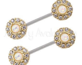 Opal Nipple Ring, Halo CZ Opalite Nipple Jewelry, 14G Nipple Barbell Ring, Screw-on 316L Surgical Steel, Sold as Pair, Body Jewelry