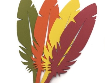 36 - Paper Feathers - 5" Paper Die Cut - fall autumn - bird feathers - Thanksgiving Decor - Place Cards - boho theme - party decor