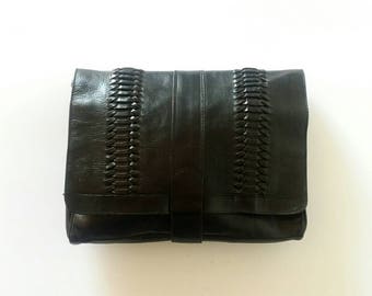Black leather clutch, 1990s leather clutch, Italian leather handbag