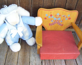 Vintage Wooden Booster Seat with Clown and Balloons Booster Chair Clown Chair Childrens Seat Irmi Seat