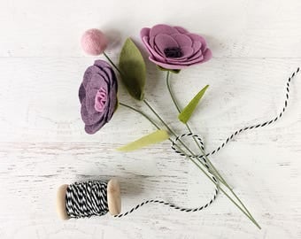 Mini Felt Flower Bouquet - Rolled Flowers and Pom on a Stem