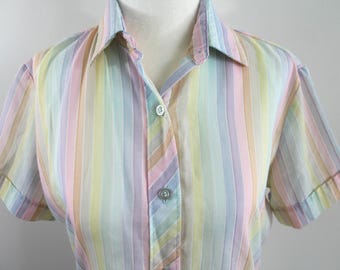 Vintage 50s pastel rainbow button up blouse, medium/large