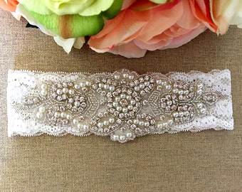 Wedding Garter - Bridal Garter - Pearl and Crystal Rhinestone Garter