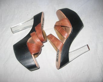 Vintage Jante Wooden Heel Clear See Thru Silver Chinese Unusual High Heel Platform Clogs Geisha Cut Out Studs Sandals Slide Shoes Size 9