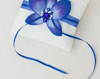 Orchid flower pillow, light blue and dark blue Wedding pillow. Wedding rings pillow, wedding pillow orchid.