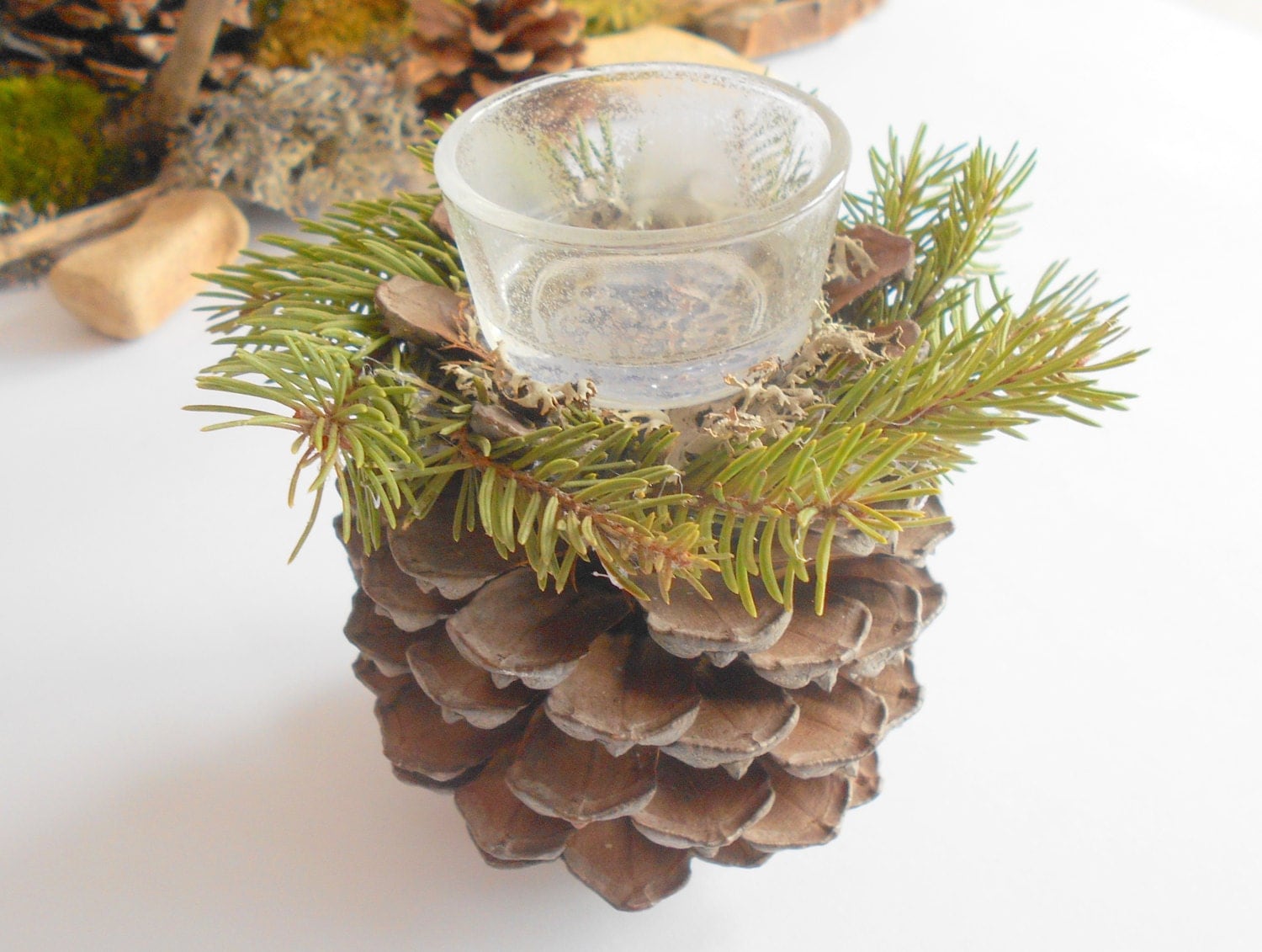 Candle holder handmade pine cone natural by ExiArtsEcoCrafts