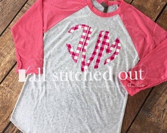 Valentine's Day Special - Pink 3/4 Sleeve Raglan with Plaid Heart Monogram - Personalized Valentine's Shirt - Monogram Valentine's Day Shirt
