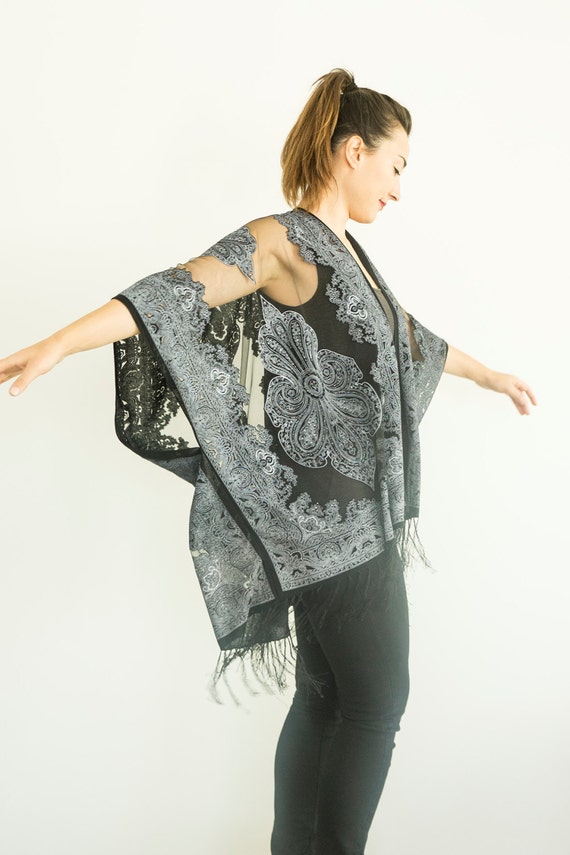Black Kimono Sheer Jacket Fringe Jacket Boho Kimono Womens