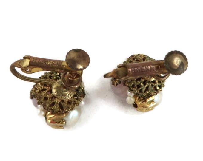 Vintage MIRIAM HASKELL Faux Pearl and Purple Bead Earrings, Clip-on Screwback Cluster Earrings