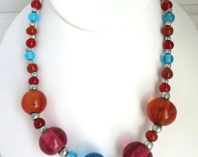 ON SALE! Vintage Chunky Red Blue Orange Glass Beaded Necklace