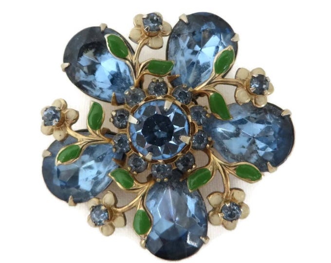 Blue Rhinestone Flower Brooch, Vintage Faux Jade Leaf Designer Runway Estate Jewelry Gift Idea