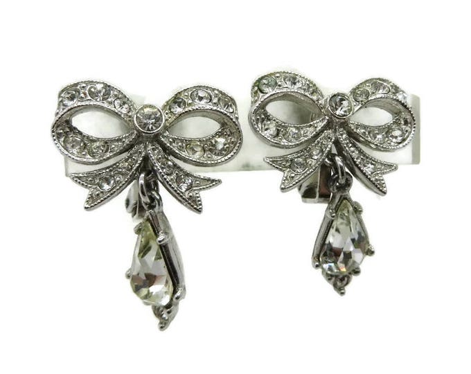 Rhinestone Bow Earrings - Vintage Signed ORA Crystal Dangle Clip-on Earrings, Bridal Jewelry, Valentine's Day Gift