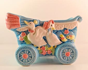 Vintage Inarco Ceramic Baby Carriage Planter. Blue with Pink Flowers and Yellow & White Ducks. Shower Decor. New Baby Gift. Nursery Decor.