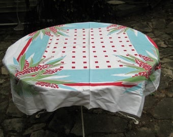 Red, aqua, lime green square tablecloth, palm leaves tablecloth, red floral check tablecloth, 50 x 50 inches, mid century