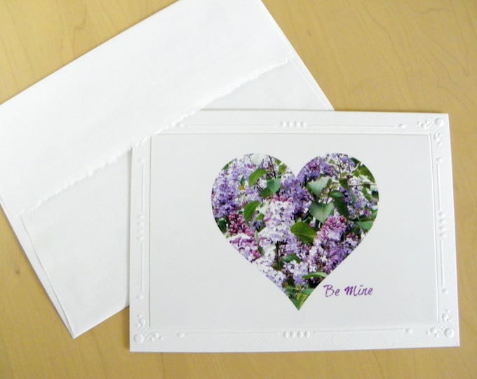 VALENTINE'S DAY CARD ships Free, Purple Lilacs Photo, Heart-Shape Design, Coordinating Envelope