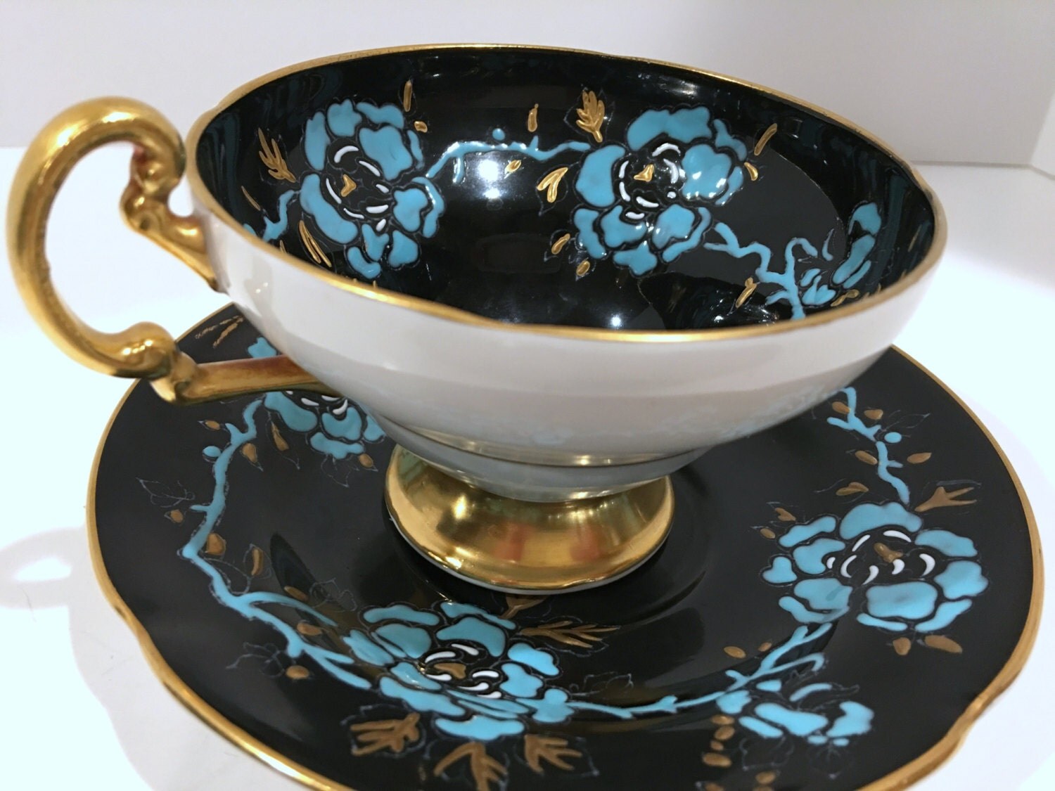 Black Old Royal Tea Cup and Saucer, Hand Painted Tea Cups, Black Aqua