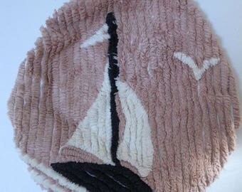 Chenille Toilet Seat Cover Sailboat Motif Pink Vintage Chenille Fabric Ocean Decor Bathroom Decor Coastal Beach Decor Sailing Fabric