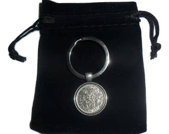 Deluxe 1967 sixpence British coin keyring 50th birthday gift for a man gift for a woman with free presentation pouch