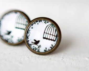 10 mm Stud Earrings, bird, black, black, bird