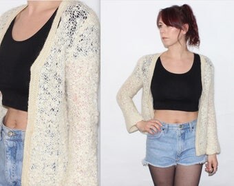 Vintage 1990's Cream CROTCHET DETAIL HOLE Detail Long Sleeves Open Cardigan Size Small