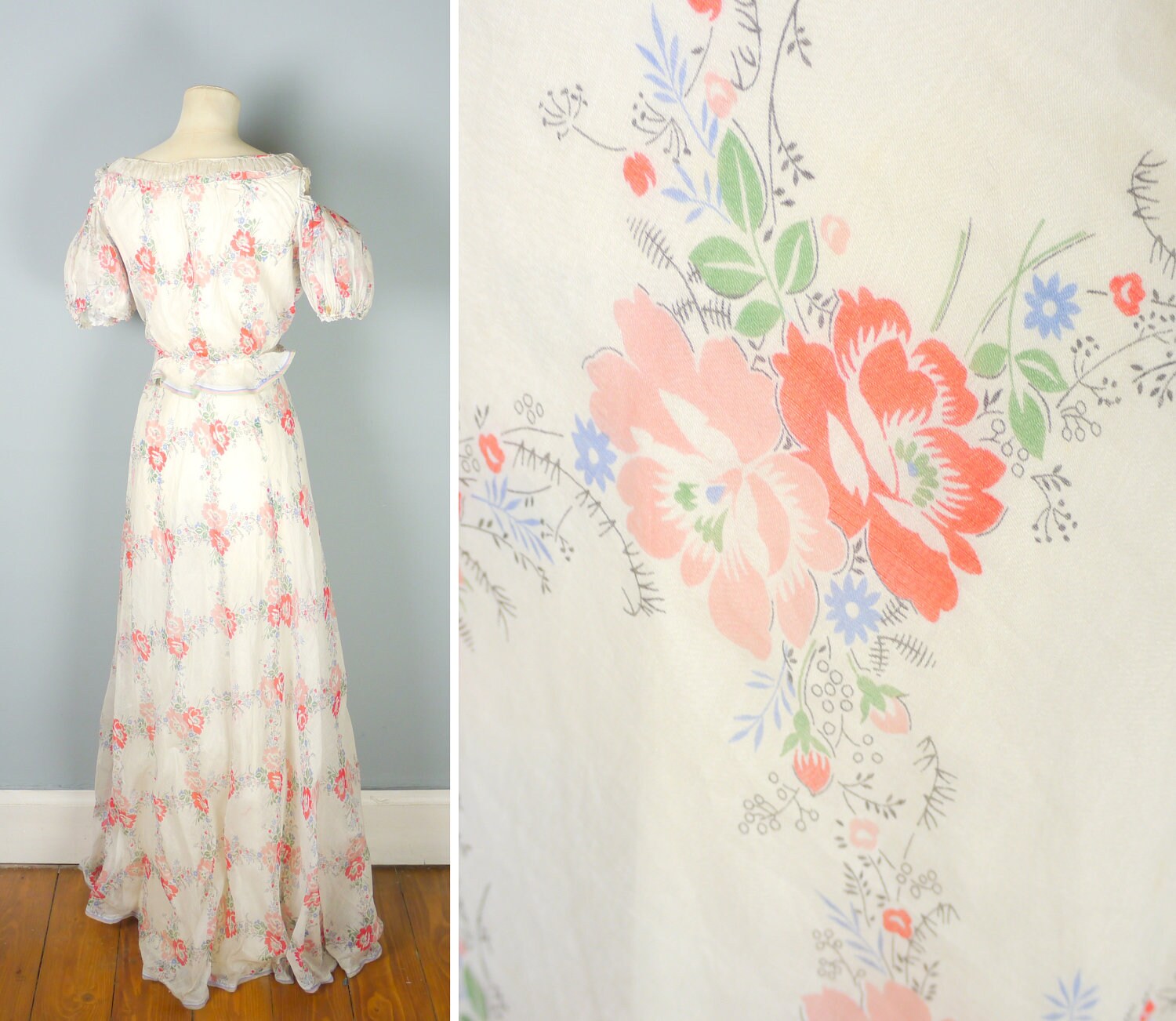 Breathtaking 30s MUSLIN cotton dress in red FLORAL print