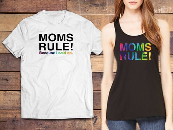 Two personalized unique colorful Moms Rule t-shirts (Tee colors: Heather White, Black, Pink, Yellow) on Amazon