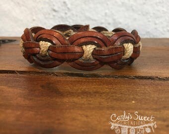 Repurposed Light Brown Leather & Jute Twine Woven Belt Cuff