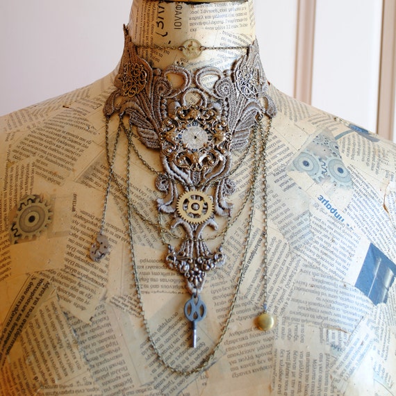 Steampunk Lace Choker,Victorian Beige Lace Collar,20's Retro Romantic Statement Necklace-Ready to Ship by BizarreNoir steampunk buy now online